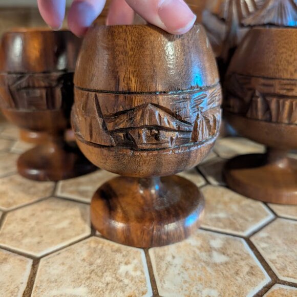 Vintage Carved Wood Punch Bowl & 5 Cups *NOT WATERTIGHT* - Picture 4 of 13